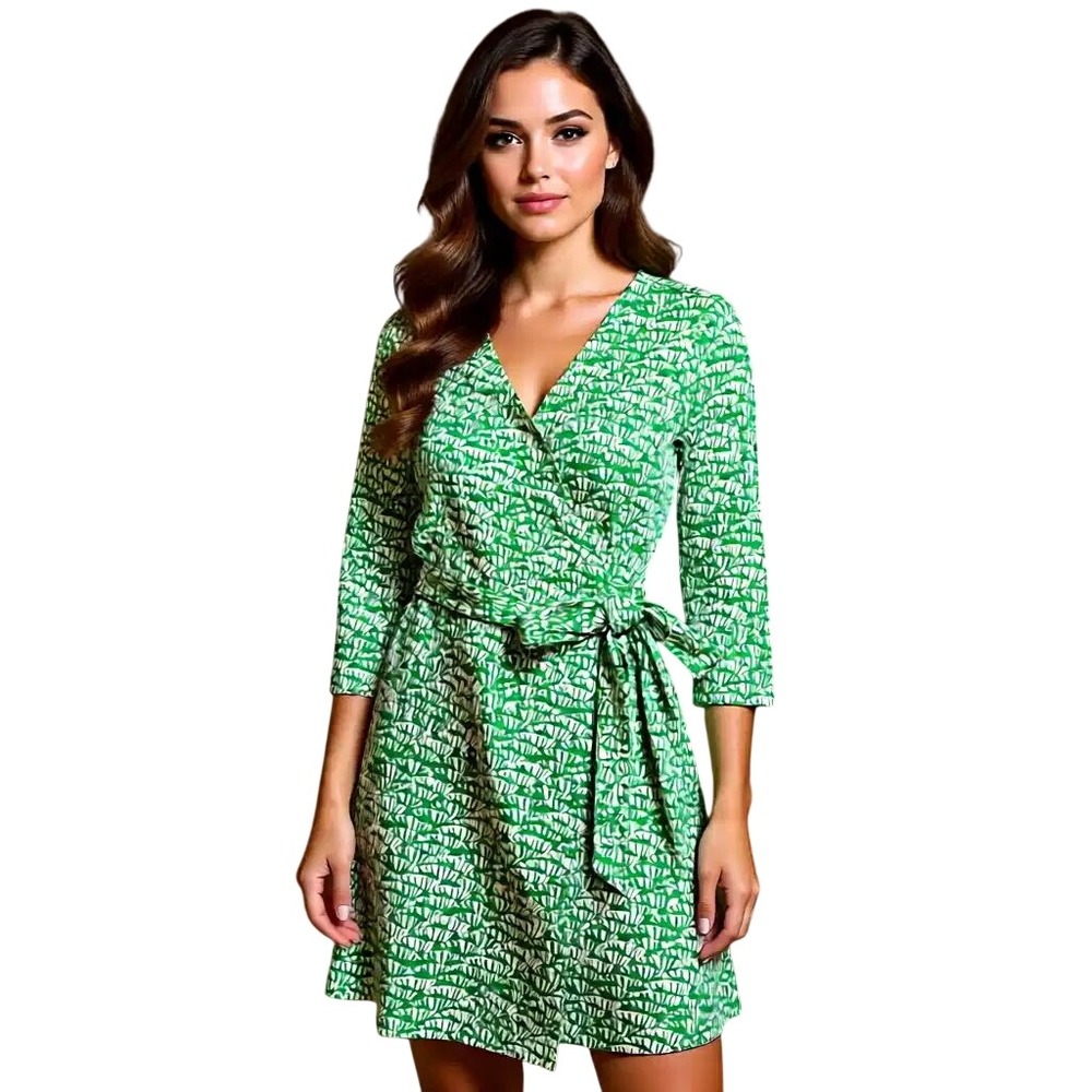 Persifor Green White Patterned Wrap Dress‎ 3/4 Sleeve V-Neck Size S Made in USA
